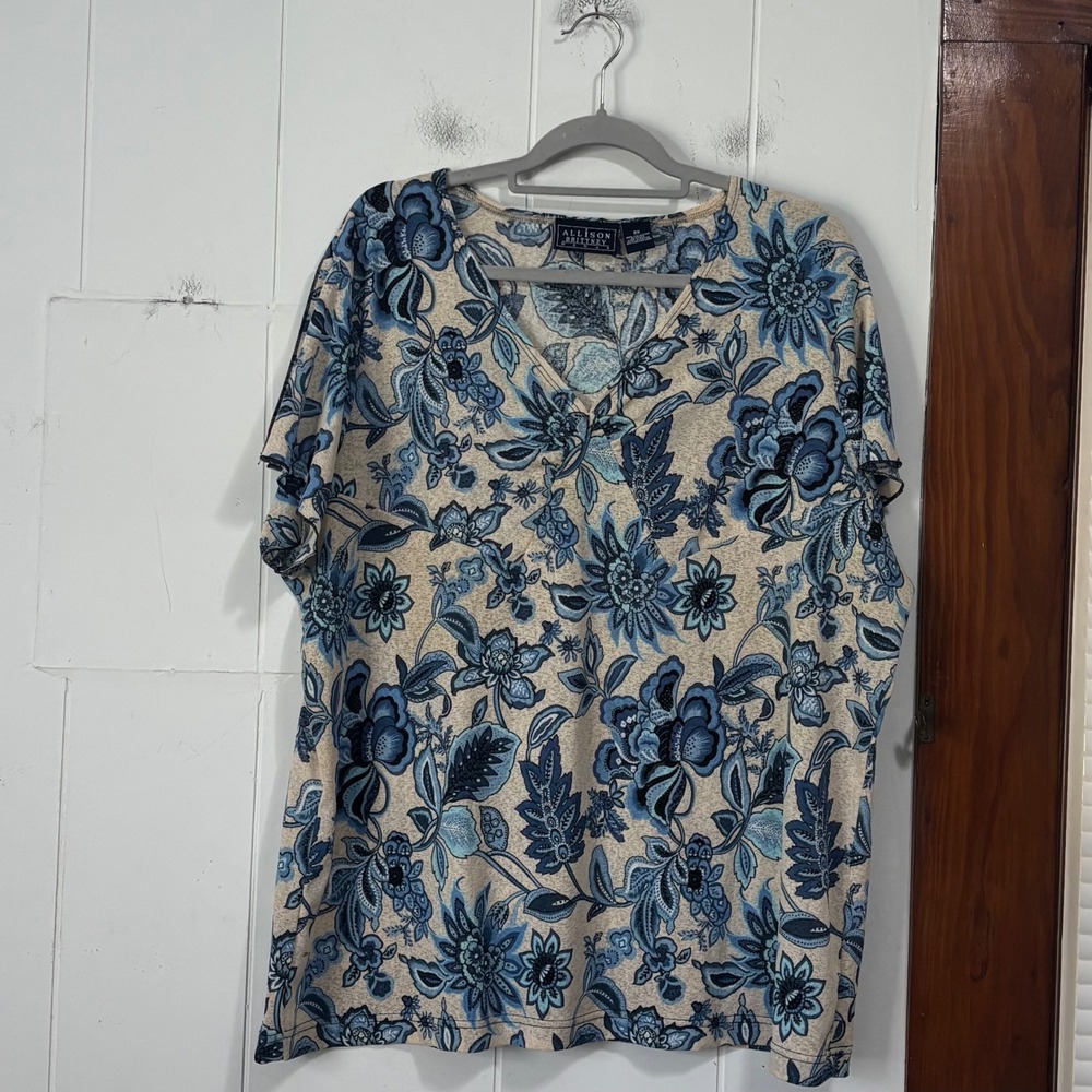 Allison Brittney Y2K 3X Blue Tan Floral Paisley V-Neck Short Sleeve Blouse Top